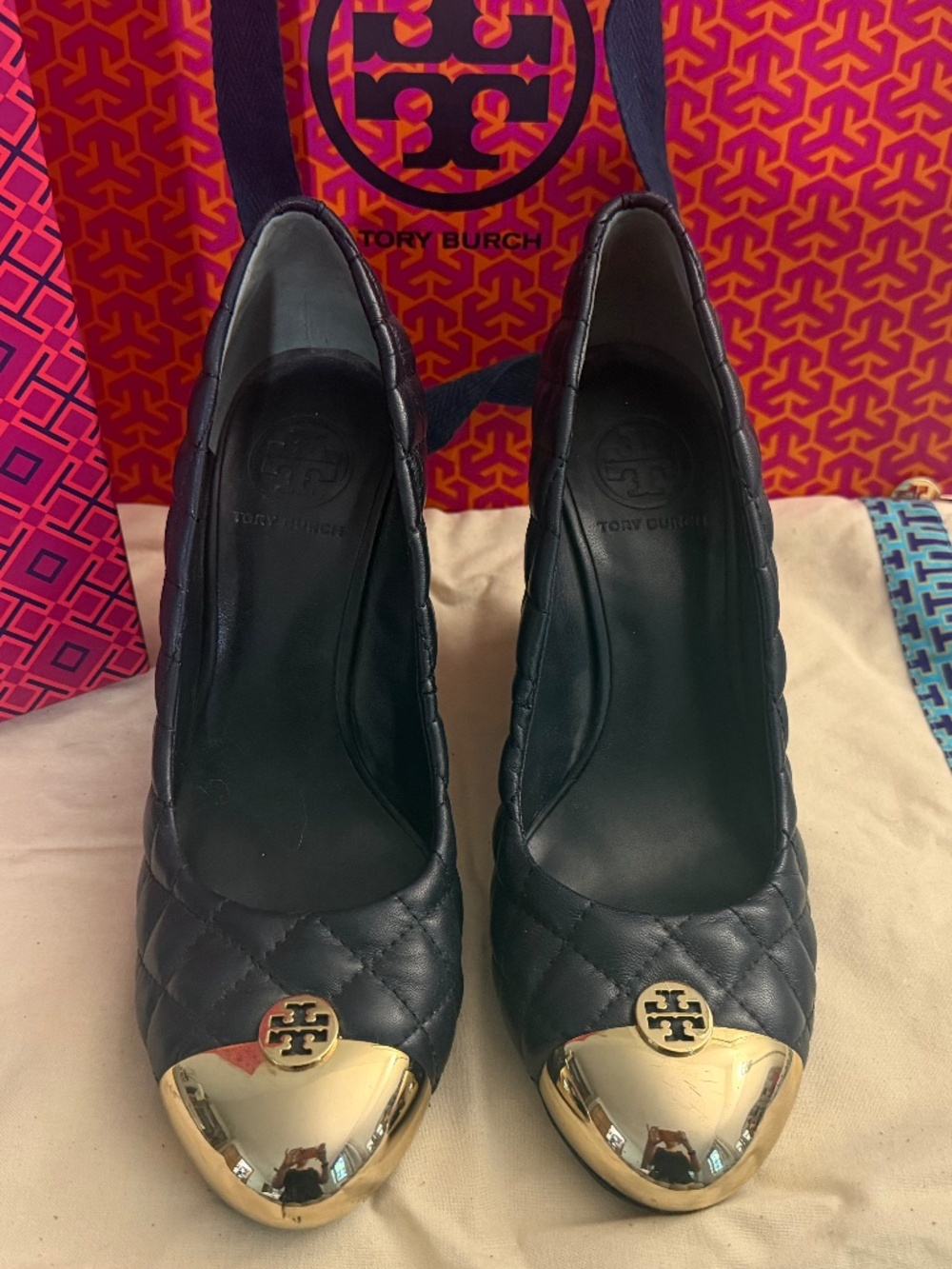 Tory Burch Navy Quilted Leather Gold Toe Wedge Heels